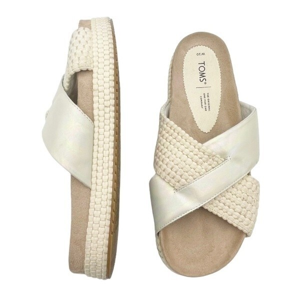 TOMS Paloma Slides Iridescent Silver Cream Rope Platform Sandals Women’s Size 10 - Picture 1 of 16